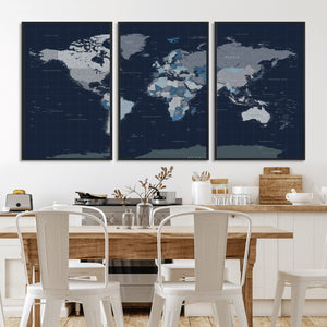 Blue Detailed World Map Wall Art Canvas Print, Modern Framed