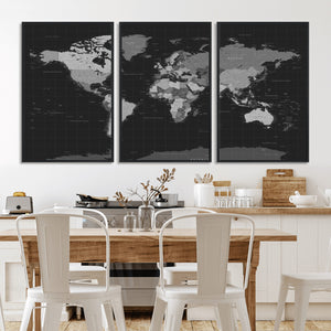 Black World Map Wall Art Canvas Print – Detailed Map of the