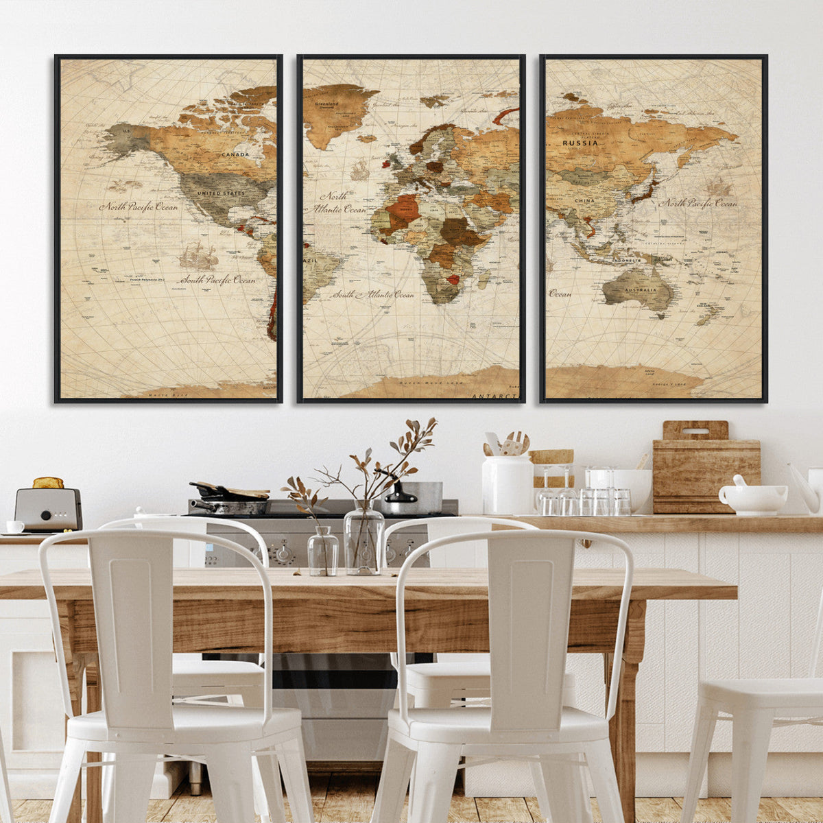 Rustic Vintage World Map Canvas Print – Framed Modern