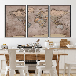 Grunge World Map Canvas Wall Art - Vintage Aged World Map