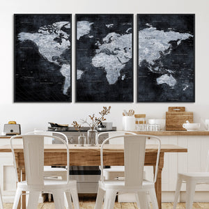Black World Map Canvas Print – Detailed Map for Couples and