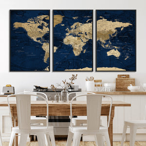 Navy Blue World Map Canvas Print – Detailed Map Minimal Navy
