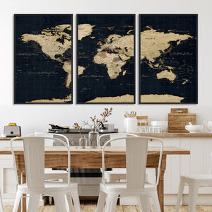 Dark World Map Canvas Wall Art Print, Minimal Black and Gold