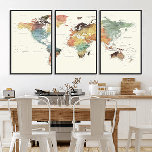 Framed World Map Wall Art Canvas Print for Living Room and