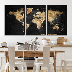 World Map Canvas Wall Art with Famous Landmarks – Framed
