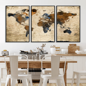 World Map Wall Art – Rustic Earth Tone Canvas Print, Antique