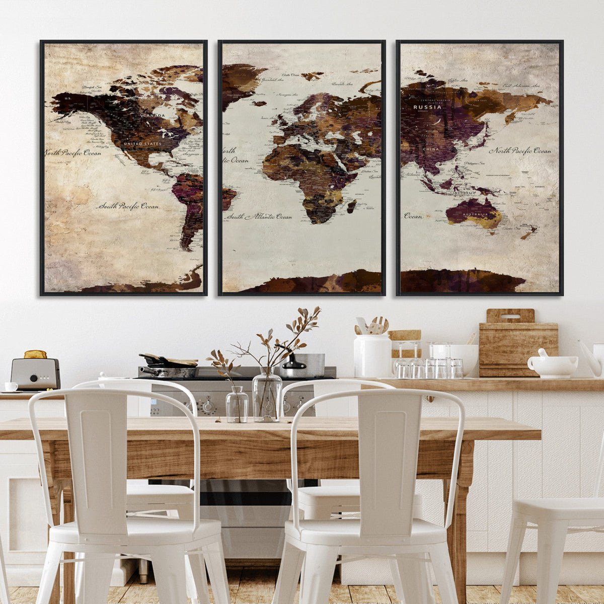 World Map Canvas Triptych – Colorful Global Wall Art for