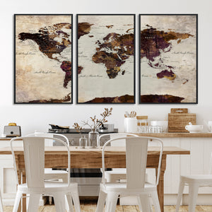 World Map Canvas Triptych – Colorful Global Wall Art for