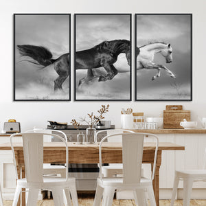 Wild Horses Wall Art Canvas Print – Framed Black and White