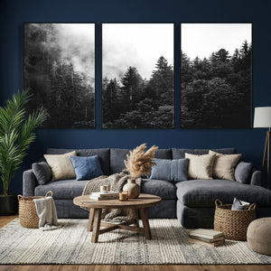 Black White Forest Wall Art Canvas Print, Misty Pine Tree