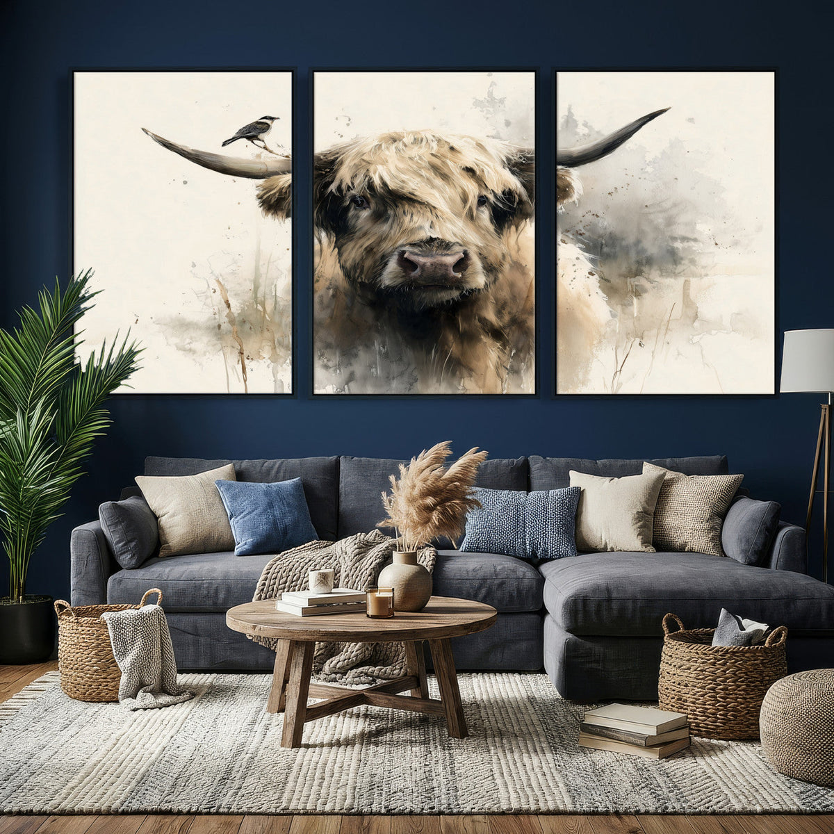 Abstract Highland Cow Wall Art Canvas Print, Rustic Farm
