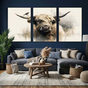 Abstract Highland Cow Wall Art Canvas Print, Rustic Farm