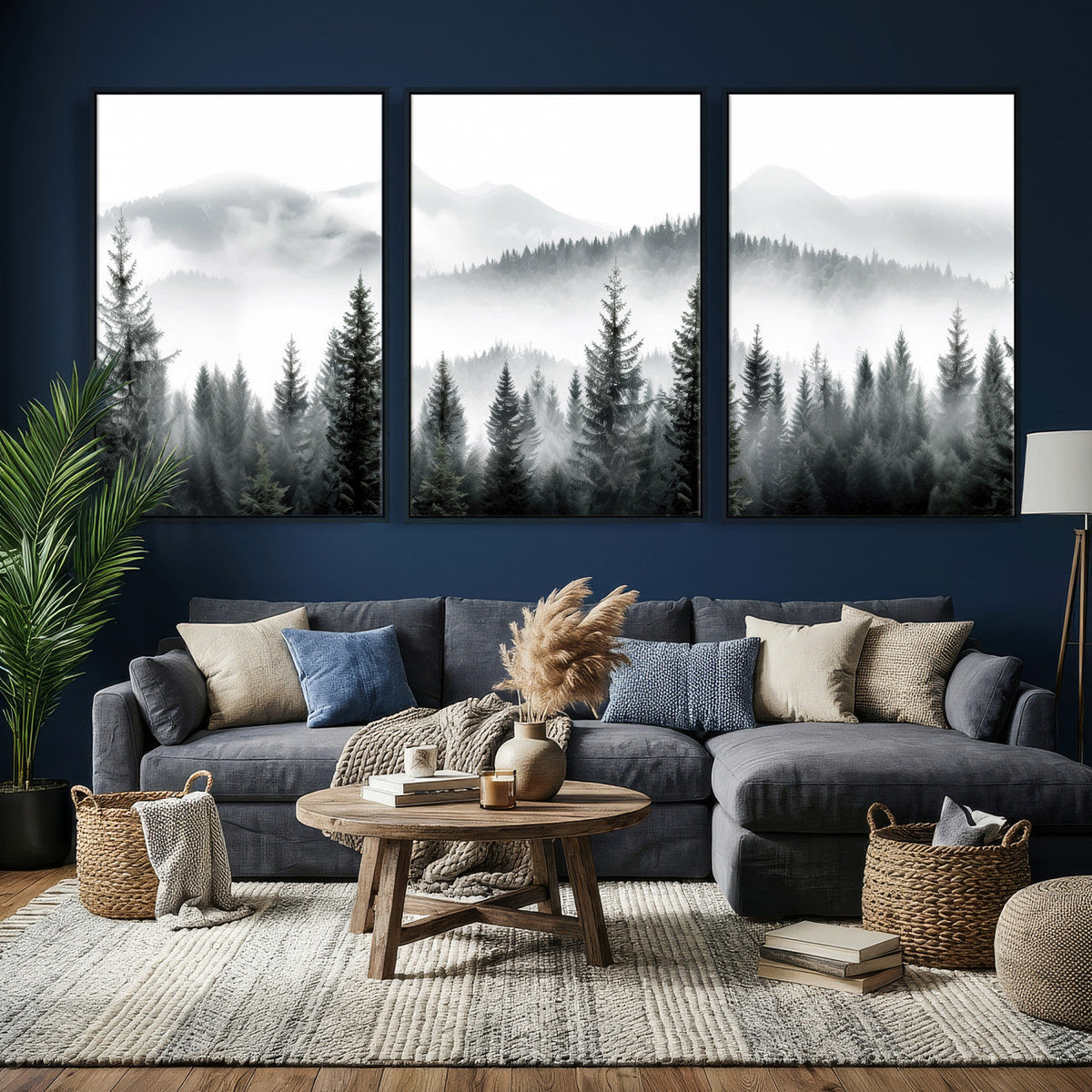 Misty Pine Forest Mountain Landscape Wall Art Canvas Print