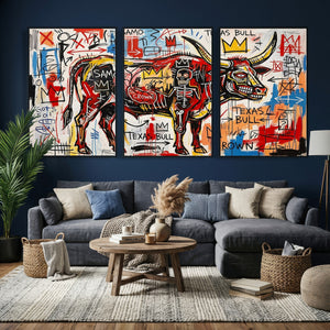 Texas Bull Wall Art Canvas Print, Abstract Graffiti Bull