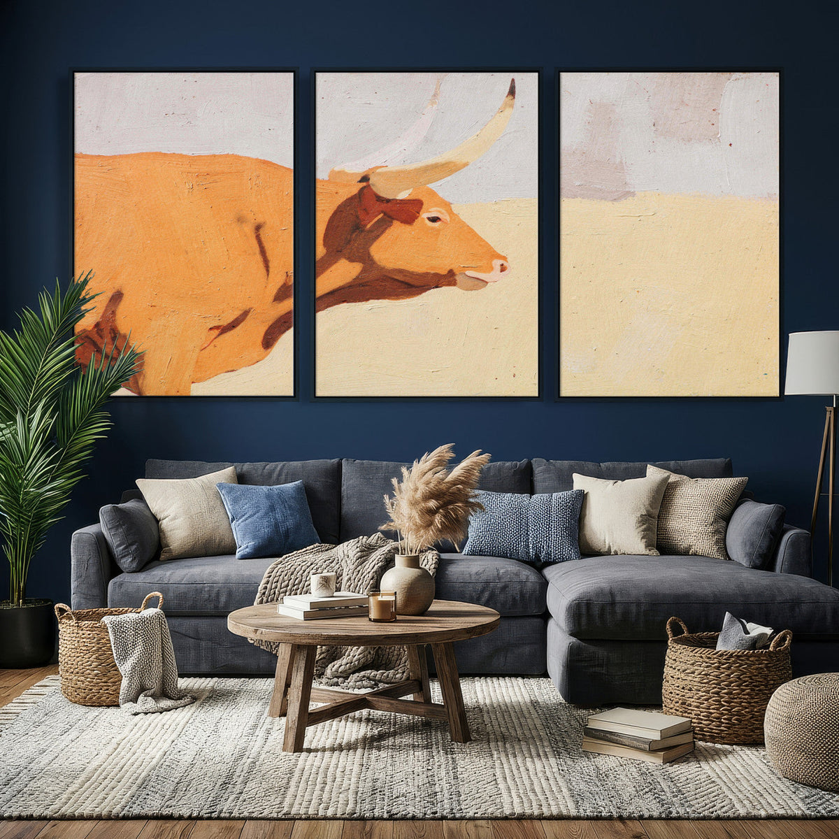 Minimal Longhorn Bull Wall Art Canvas Print, Neutral Western
