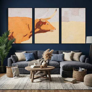 Minimal Longhorn Bull Wall Art Canvas Print, Neutral Western
