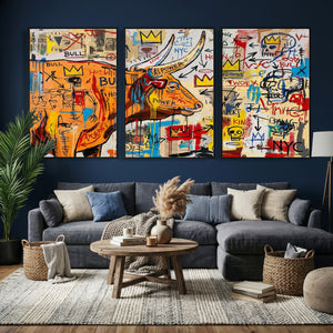 Basquiat Style Bull Graffiti Wall Art Canvas Print, Street