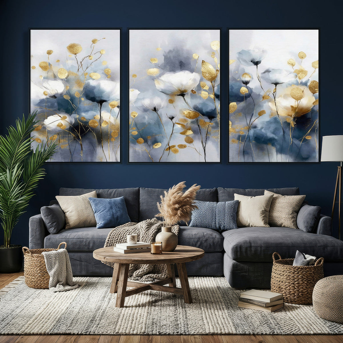 Large Abstract Flowers Wall Art Canvas Print – Gold and Blue