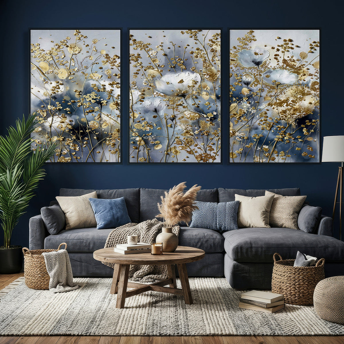 Abstract Floral Wall Art Canvas Print – Gold and Blue