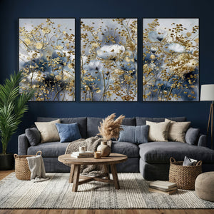 Abstract Floral Wall Art Canvas Print – Gold and Blue