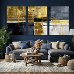 Gold Navy Abstract Wall Art Canvas Print, Modern Luxury