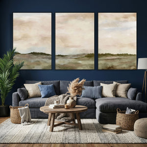 Muted Watercolor Hill Landscape Print — Beige Taupe Cloudy