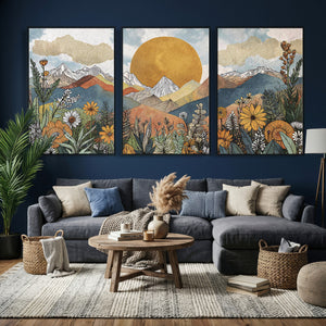 Boho Mountain Landscape Large Wall Art, Horizontal Gold