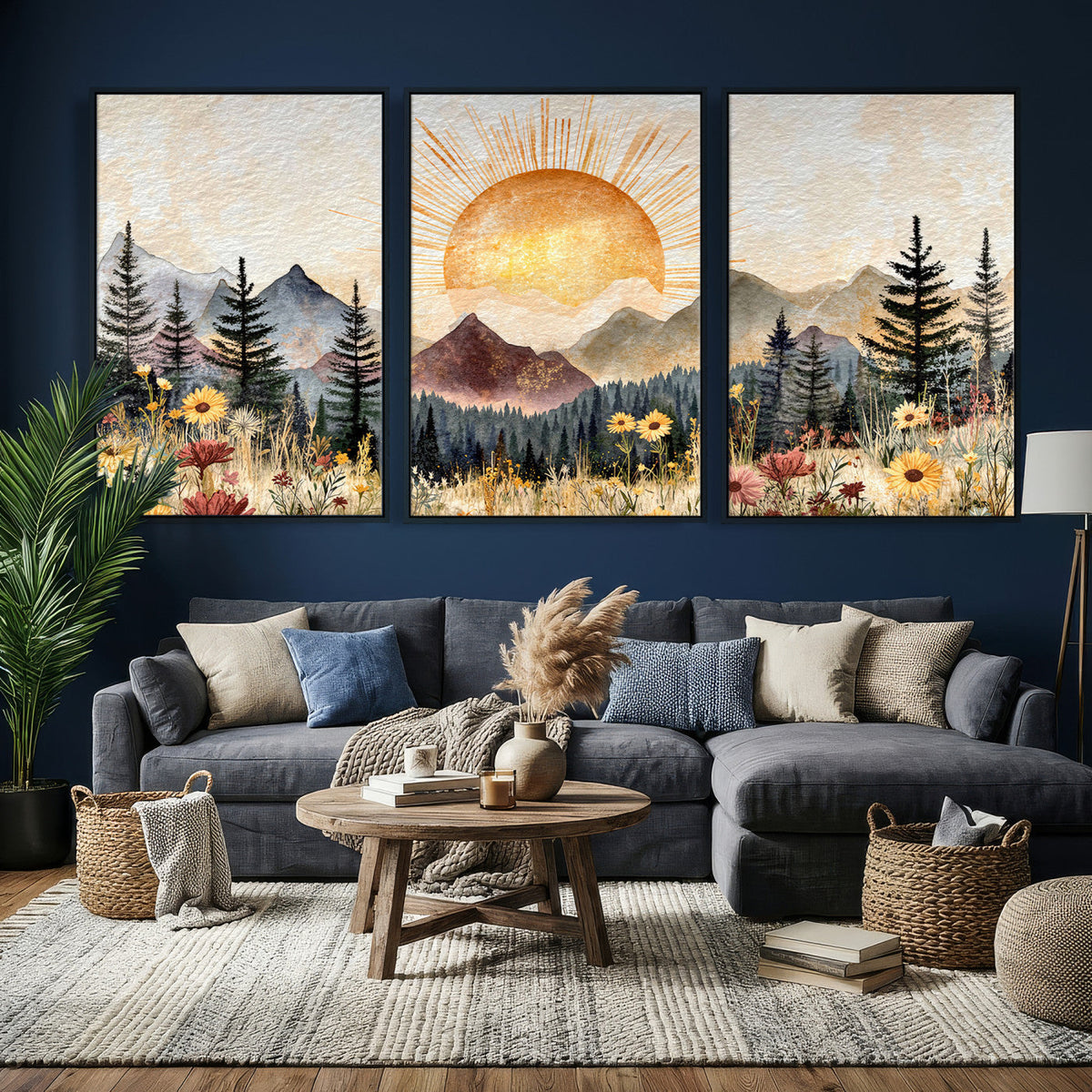 Boho Mountain Landscape Large Wall Art, Horizontal Gold