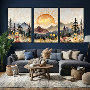 Boho Mountain Landscape Large Wall Art, Horizontal Gold