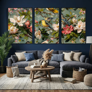 Vintage Birds and Flowers Wide Wall Art: Extra Large
