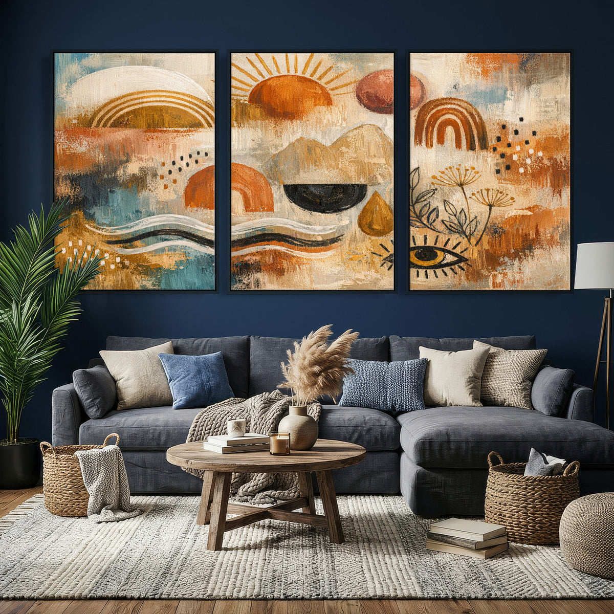 Geometric Boho Abstract Wall Art Canvas Print, Orange Blue