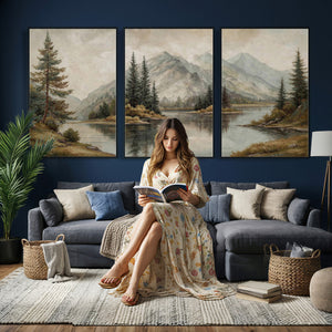 Vintage Mountain Landscape Wall Art Canvas Print Set, Rustic