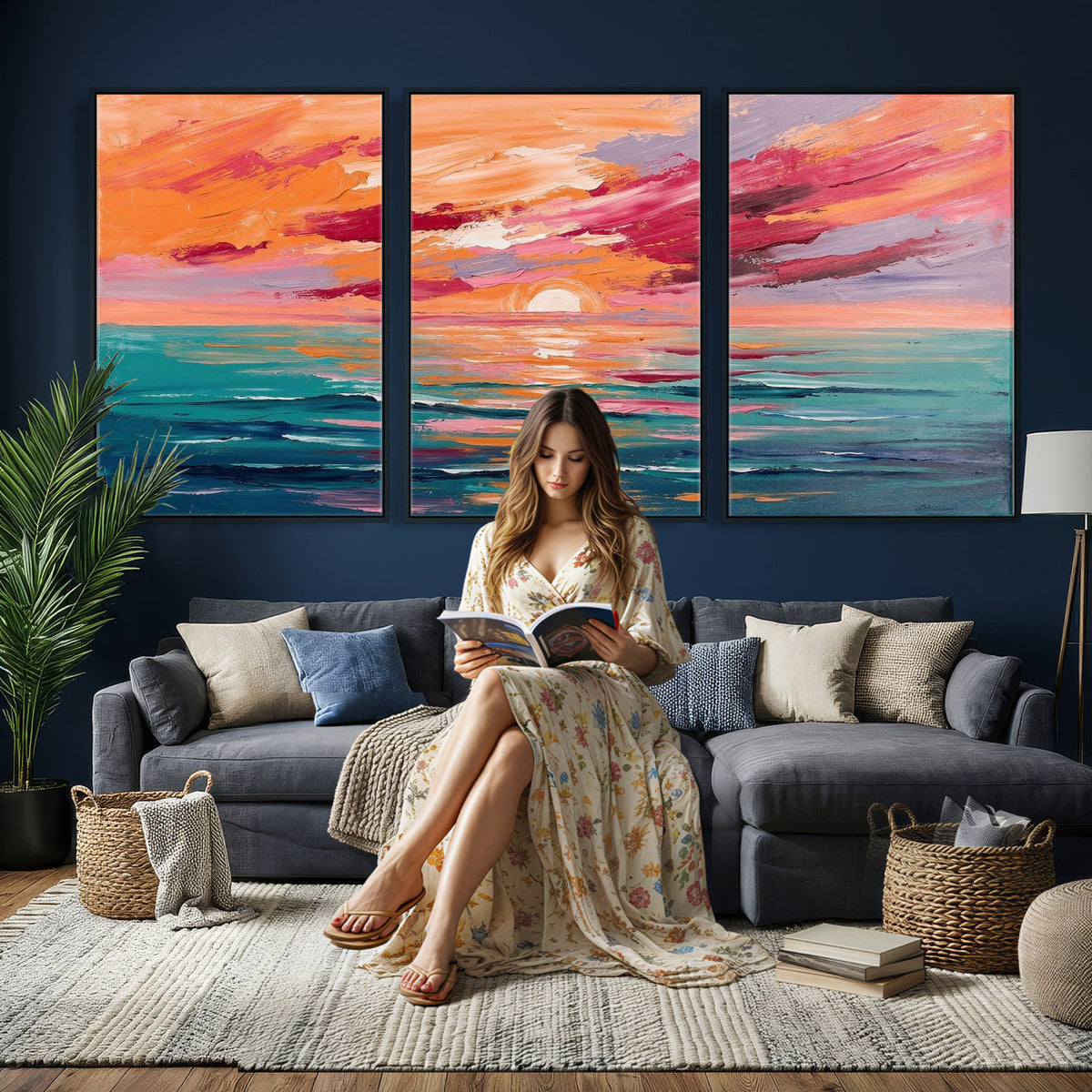 Bold Palette Knife Ocean Sunset Canvas — Orange Pink Teal