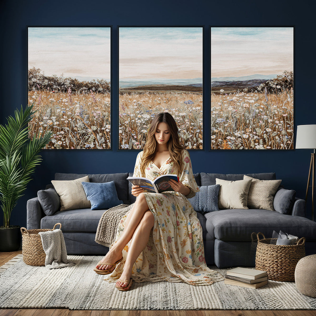 Neutral Wildflower Field Canvas Wall Art — Beige Earth Tone
