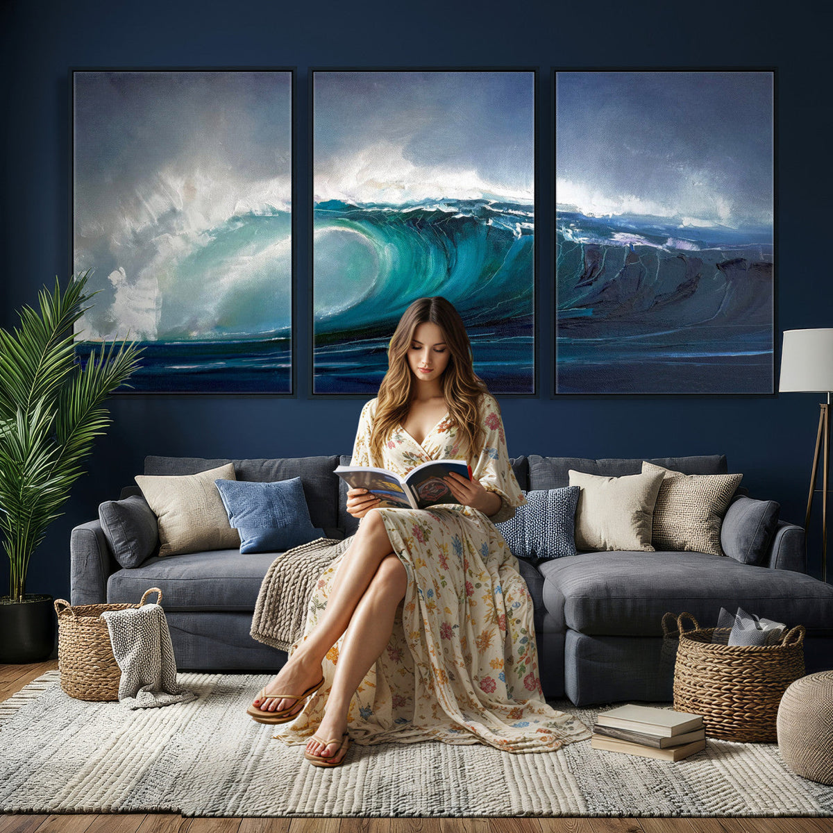 Ocean Wave Canvas Wall Art, Dramatic Teal Blue Seascape Oil