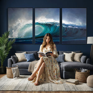 Ocean Wave Canvas Wall Art, Dramatic Teal Blue Seascape Oil
