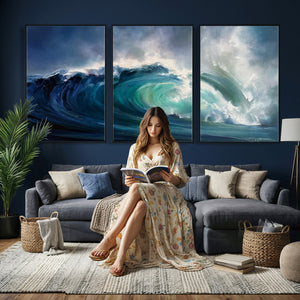 Ocean Wave Canvas Wall Art, Dramatic Teal Blue Seascape Oil
