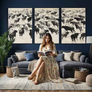 Longhorn Cattle Canvas Wall Art, Black White Stampede Ink