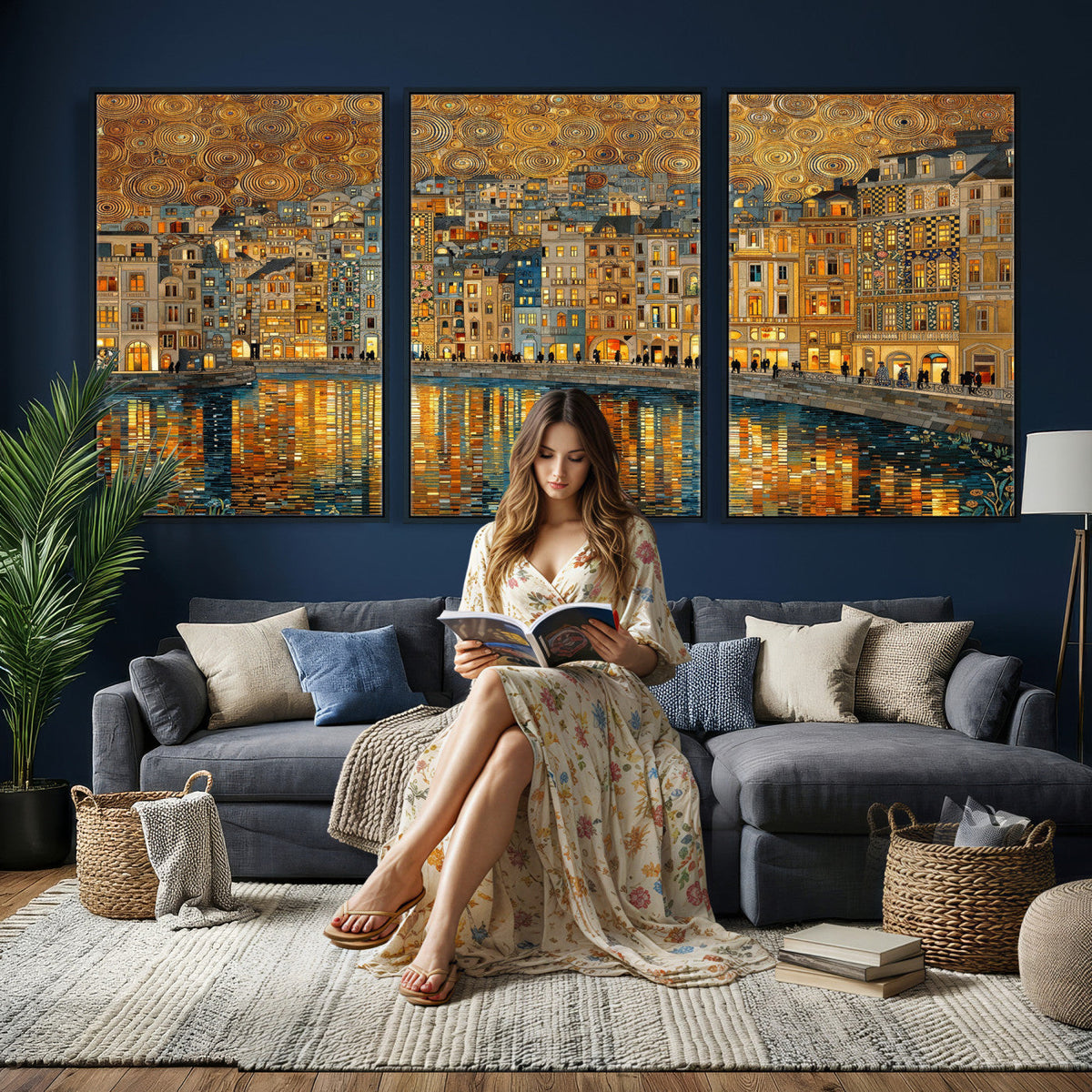 Gustav Klimt Golden Cityscape Wall Art Canvas Print, Framed