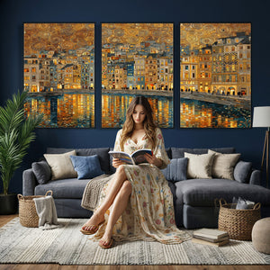 Gustav Klimt Golden Cityscape Wall Art Canvas Print, Framed