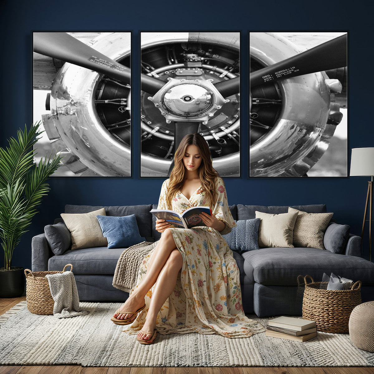 Vintage Propeller Plane Wall Art Canvas Print, Black and