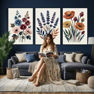 Watercolor Botanical Canvas Wall Art Set, Navy Terracotta