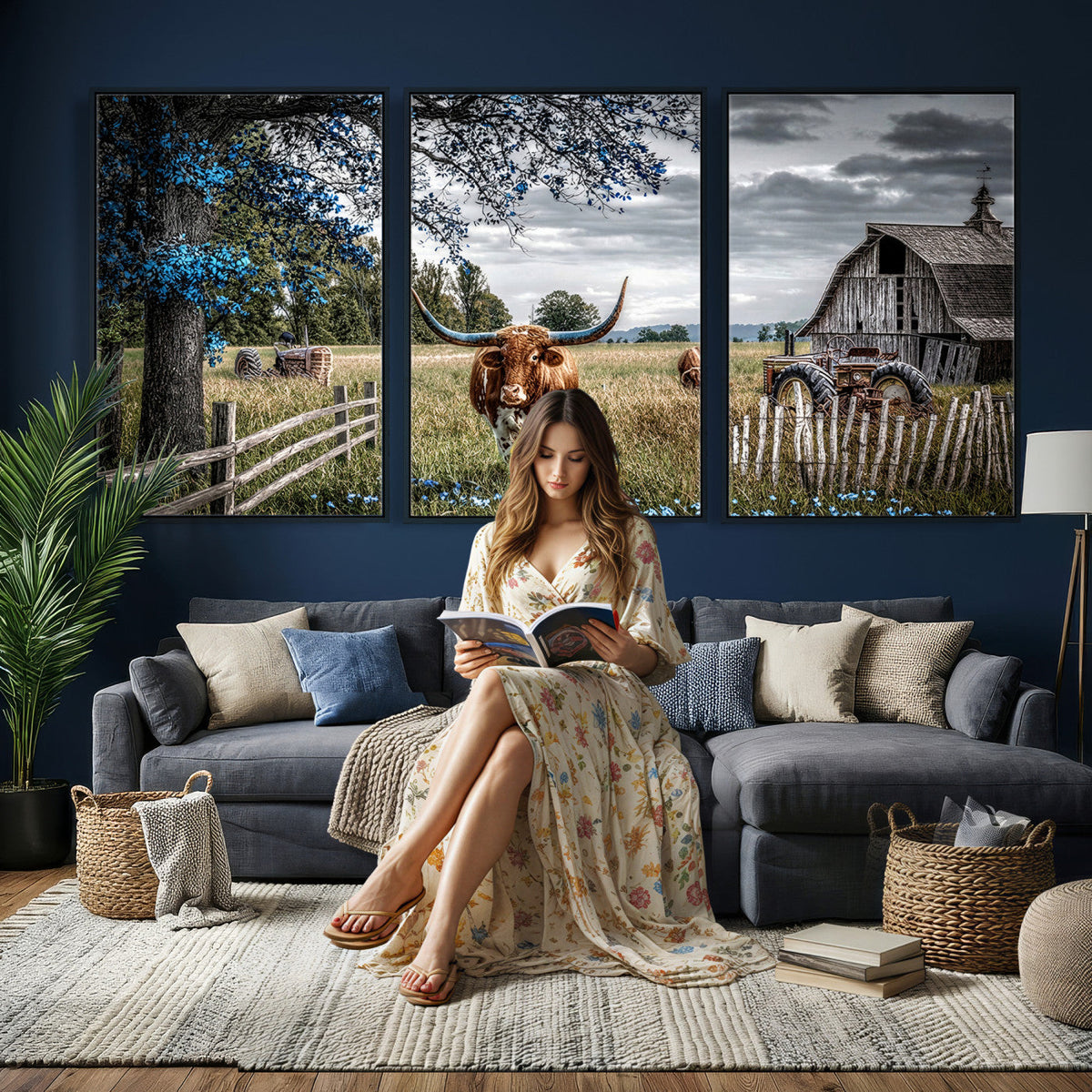 Texas Longhorn Canvas Wall Art, Rustic Farm Barn Bluebonnet