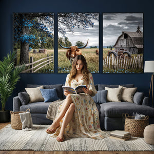 Texas Longhorn Canvas Wall Art, Rustic Farm Barn Bluebonnet
