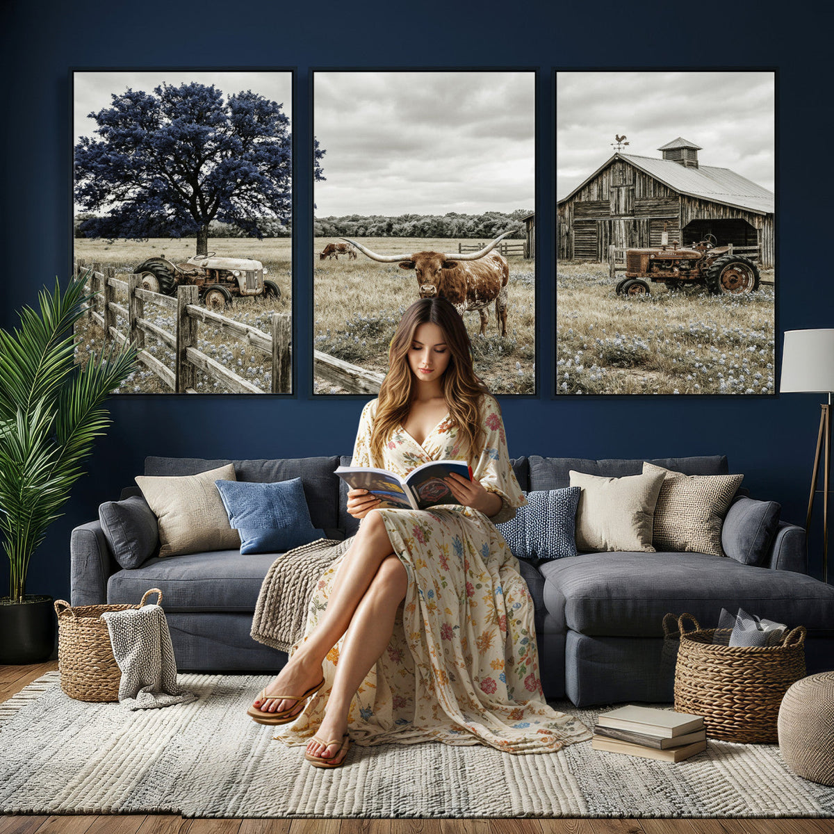 Texas Longhorn Canvas Wall Art, Rustic Farm Barn Bluebonnet