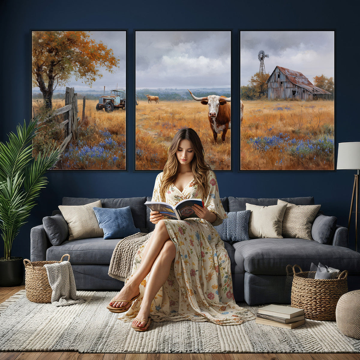 Texas Longhorn Canvas Wall Art, Rustic Farm Barn Bluebonnet