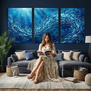 School of Fish Canvas Print | Blue Ocean Underwater Wall Art
