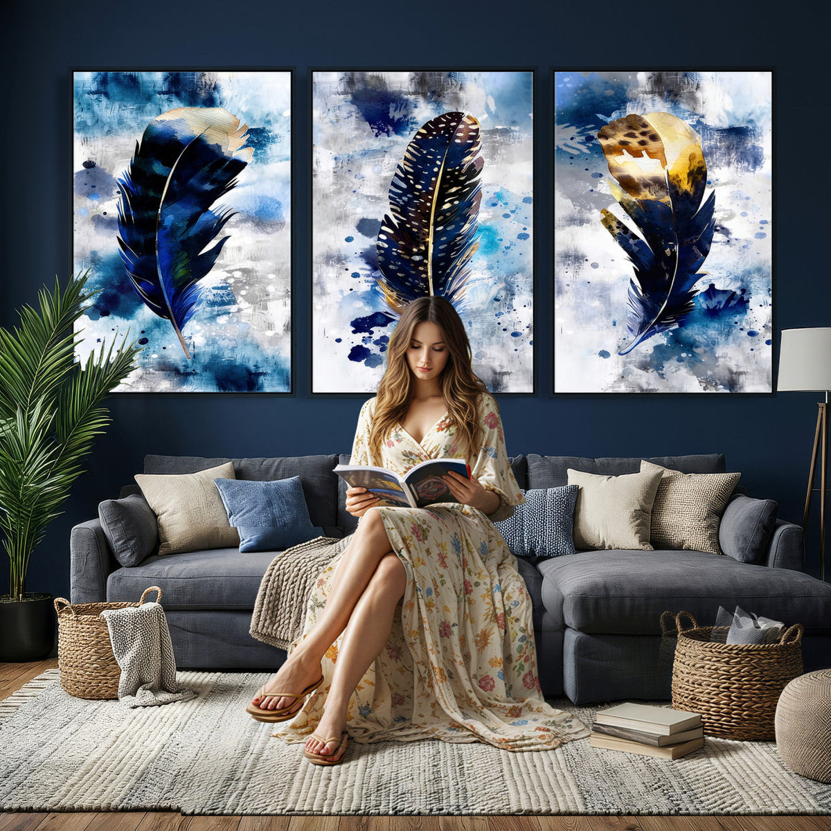 Feather Canvas Wall Art Navy Blue Gold Watercolor Abstract