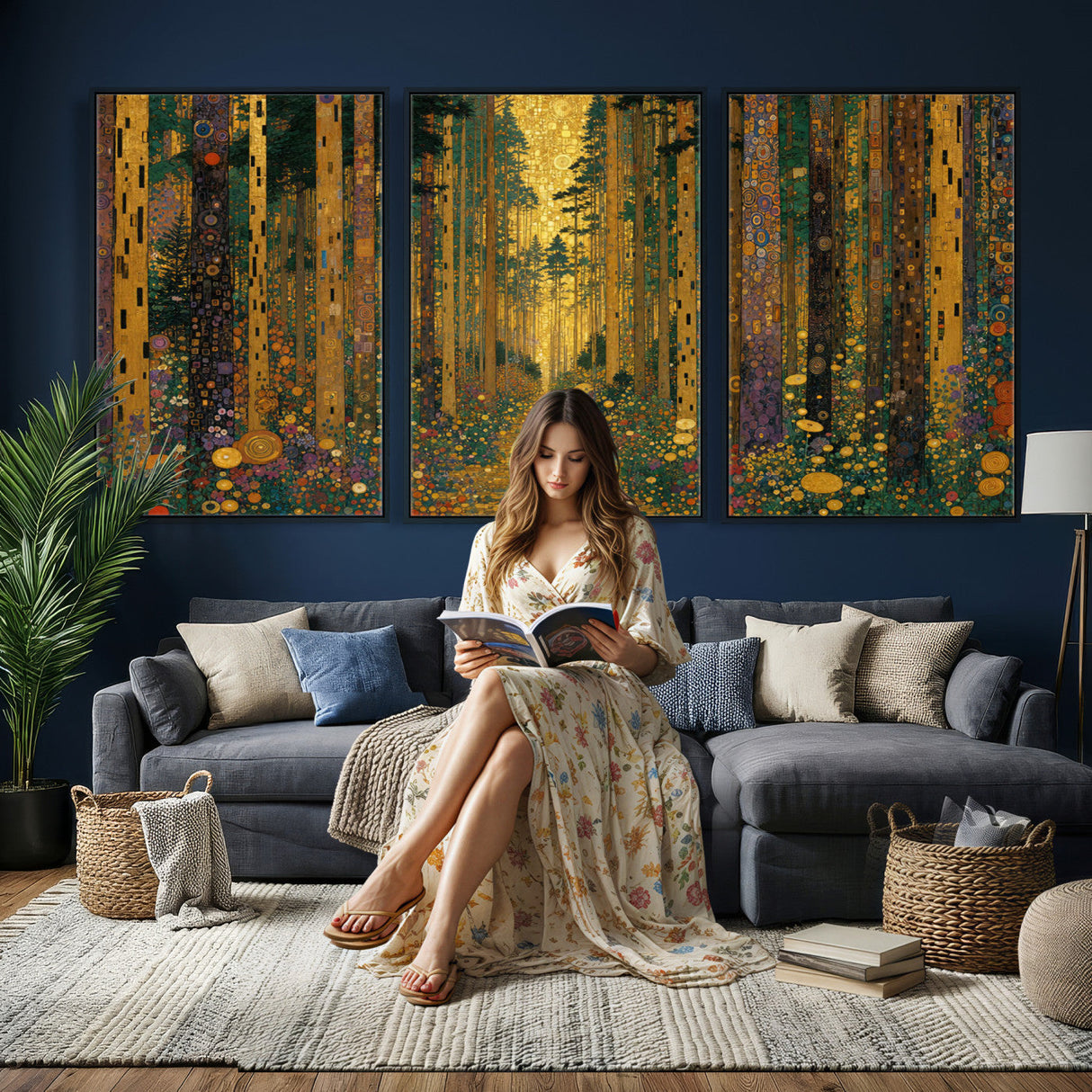 Gustav Klimt Style Forest Canvas Wall Art, Golden Forest Path Floral Art Nouveau Print, Enchanted Woodland Decor