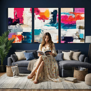 Blue Teal Abstract Canvas Wall Art, Modern Textured Painting Print, Navy Orange White Contemporary Art, Neutral Living Room Decor, Office Art